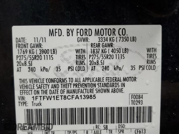 2012 Ford F-150 XL with VIN 1FTFW1ET8CFA13985, listed as a Copart auction lot 52502015 with 294,118 mi miles and Salvage Title. Bid and sale history available at DreamBid. Image 13.