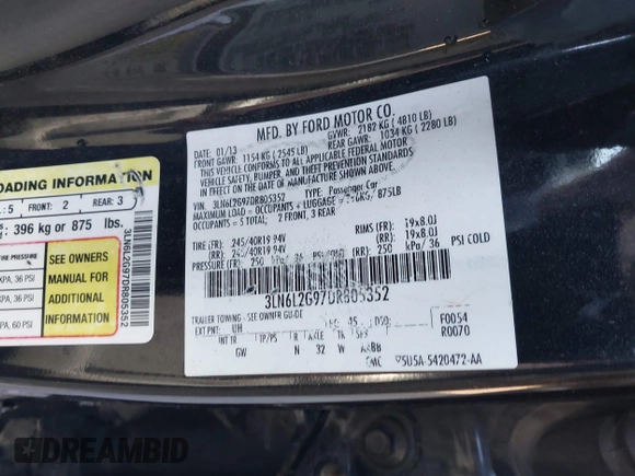 2013 Lincoln MKZ with VIN 3LN6L2G97DR805352, listed as a IAAI auction lot 41893270 with 161,207 mi miles and . Bid and sale history available at DreamBid. Image 9.