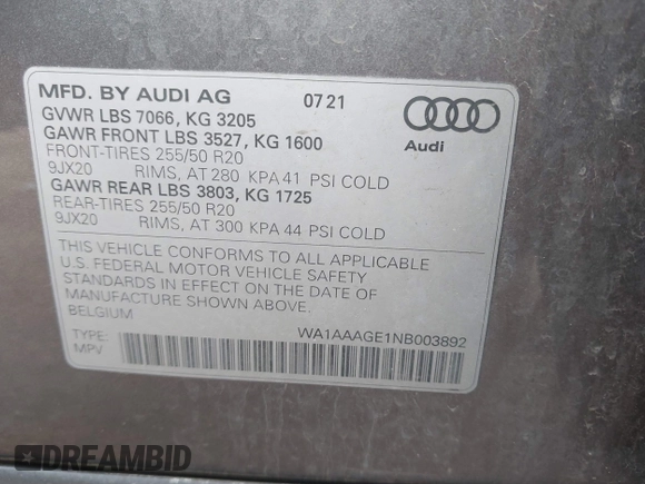 2022 Audi e-tron Premium with VIN WA1AAAGE1NB003892, listed as a IAAI auction lot 42391555 with 48,771 mi miles and . Bid and sale history available at DreamBid. Image 9.