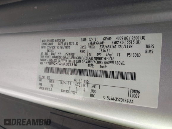 2018 Ford Transit Cargo with VIN 1FTBW2XG2JKB28316, listed as a IAAI auction lot 42383400 with Not provided miles and . Bid and sale history available at DreamBid. Image 9.