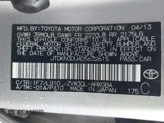 2013 Toyota Prius One with VIN JTDKN3DU4D5632615, listed as a IAAI auction lot 41891185 with 93,945 mi miles. Bid and sale history available at carsss.com. Image 9.