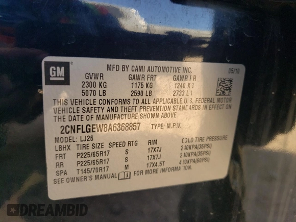 2010 Chevrolet Equinox LTZ with VIN 2CNFLGEW8A6368857, listed as a Copart auction lot 47528835 with 118,745 mi miles and Clean Title. Bid and sale history available at DreamBid. Image 13.