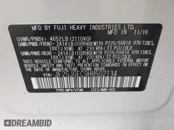 2017 Subaru Forester Premium with VIN JF2SJGEC9HH502134, listed as a IAAI auction lot 41727270 with 158,126 mi miles. Bid and sale history available at carsss.com. Image 9.