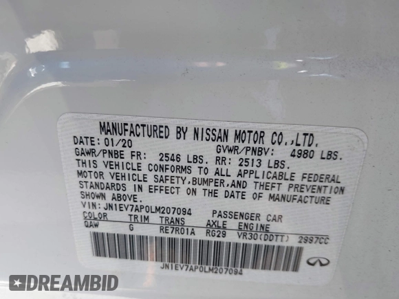 2020 Infiniti Q50 3.0t LUXE with VIN JN1EV7AP0LM207094, listed as a IAAI auction lot 41754138 with 66,609 mi miles. Bid and sale history available at carsss.com. Image 9.