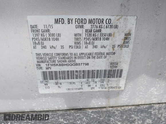 2016 Ford Explorer with VIN 1FM5K8BH0GGB57798, listed as a IAAI auction lot 41263083 with 132,651 mi miles and . Bid and sale history available at DreamBid. Image 9.