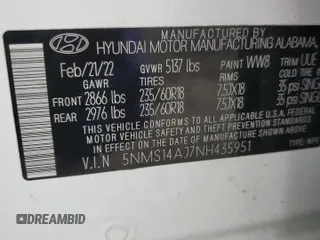 2022 Hyundai Santa Fe SE z VIN 5NMS14AJ7NH435951, wystawiony jako Copart lot #57173405 z przebiegiem 33 360 mil mil oraz Szkoda całkowita • Salvage title. Historia ofert i sprzedaży dostępna na DreamBid. Obrazek 12.