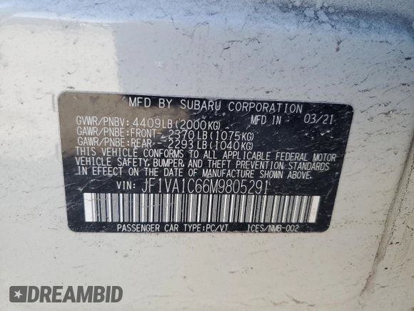 2021 Subaru WRX Premium with VIN JF1VA1C66M9805291, listed as a Copart auction lot 87717285 with 43,462 mi miles and Salvage Title. Bid and sale history available at carsss.com. Image 14.