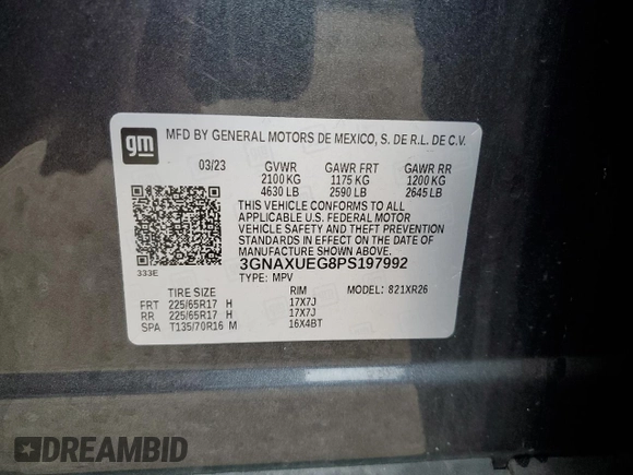 2023 Chevrolet Equinox LT with VIN 3GNAXUEG8PS197992, listed as a Copart auction lot 53134655 with 27,482 mi miles and Non Repairable. Bid and sale history available at DreamBid. Image 13.