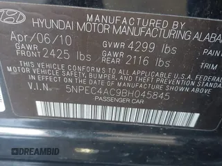 2011 Hyundai Sonata SE with VIN 5NPEC4AC9BH045845, listed as a IAAI auction lot 41581356 with 214,158 mi miles. Bid and sale history available at carsss.com. Image 9.