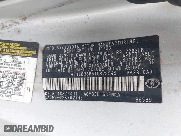 2004 Toyota Solara SE with VIN 4T1CE38P54U823549, listed as a IAAI auction lot 42260961 with 199,853 mi miles and . Bid and sale history available at DreamBid. Image 9.