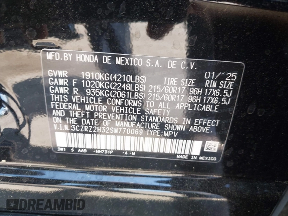 2025 Honda HR-V LX with VIN 3CZRZ2H32SM770069, listed as a IAAI auction lot 42176978 with 1,484 mi miles and . Bid and sale history available at DreamBid. Image 9.