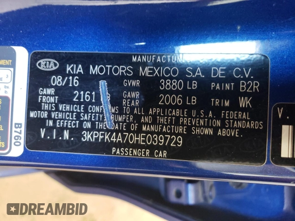 2017 Kia Forte LX with VIN 3KPFK4A70HE039729, listed as a Copart auction lot 50198645 with 214,675 mi miles and Salvage Title. Bid and sale history available at carsss.com. Image 14.