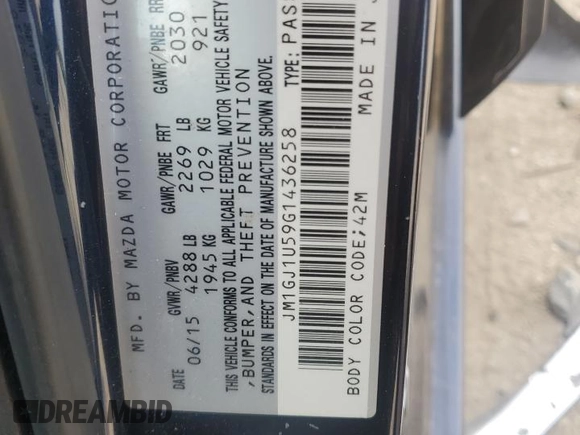 2016 Mazda 6 i Sport with VIN JM1GJ1U59G1436258, listed as a Copart auction lot 54241895 with 132,125 mi miles and Clean Title. Bid and sale history available at DreamBid. Image 12.