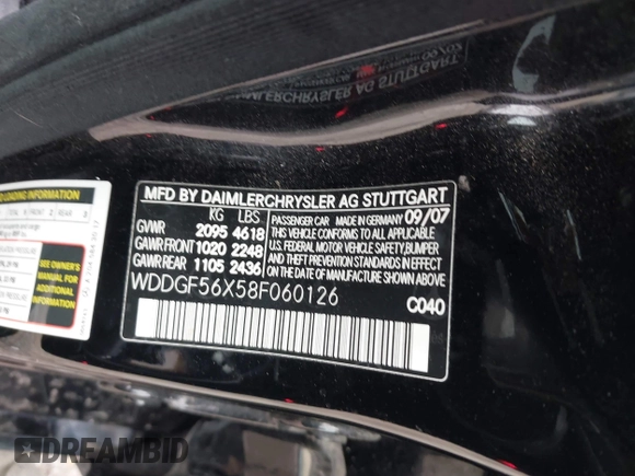 2008 Mercedes-Benz C 350 Sport with VIN WDDGF56X58F060126, listed as a IAAI auction lot 41615616 with 166,188 mi miles and . Bid and sale history available at DreamBid. Image 9.