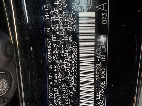 2013 Lexus IS 250 C with VIN JTHFF2C23D2528819, listed as a Copart auction lot 81114574 with 108,801 mi miles and Salvage title. Bid and sale history available at DreamBid. Image 12.