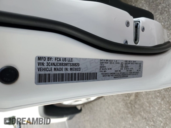 2021 Jeep Compass Latitude с VIN 3C4NJCBB3MT538820, выставлен на аукционе Copart как лот 45730415 с пробегом 62 969 миль миль и Списание • Salvage title. История ставок и продаж доступна на DreamBid. Изображение 12.