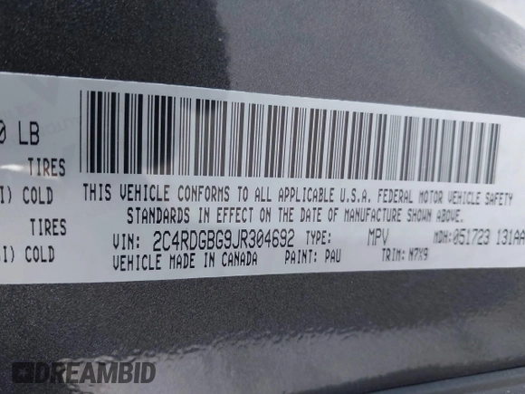 2018 Dodge Grand Caravan SE Plus with VIN 2C4RDGBG9JR304692, listed as a IAAI auction lot 41568591 with 48,139 mi miles and . Bid and sale history available at DreamBid. Image 9.