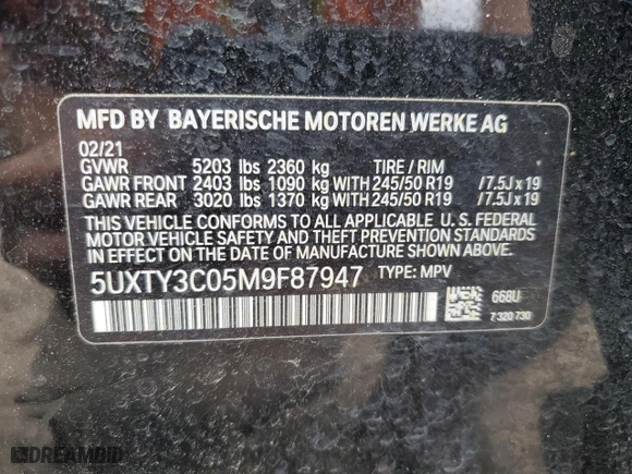 2021 BMW X3 sDrive30i with VIN 5UXTY3C05M9F87947, listed as a Copart auction lot 51312705 with 51,043 mi miles and Salvage Title. Bid and sale history available at carsss.com. Image 14.