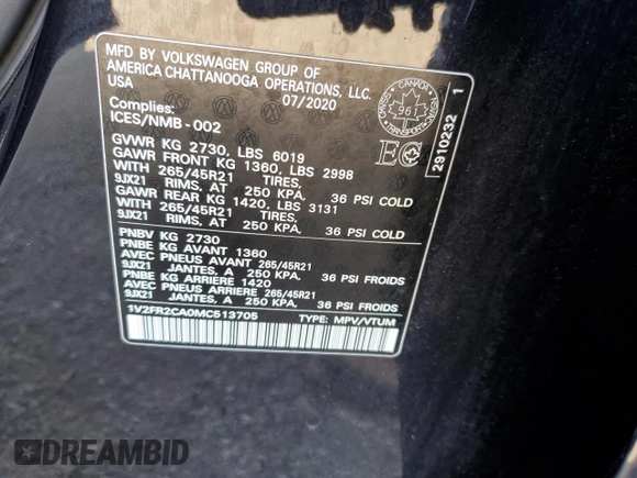 2021 Volkswagen Atlas SEL Premium R-Line with VIN 1V2FR2CA0MC513705, listed as a Copart auction lot 68986924 with 52,133 mi miles and Salvage title. Bid and sale history available at DreamBid. Image 13.