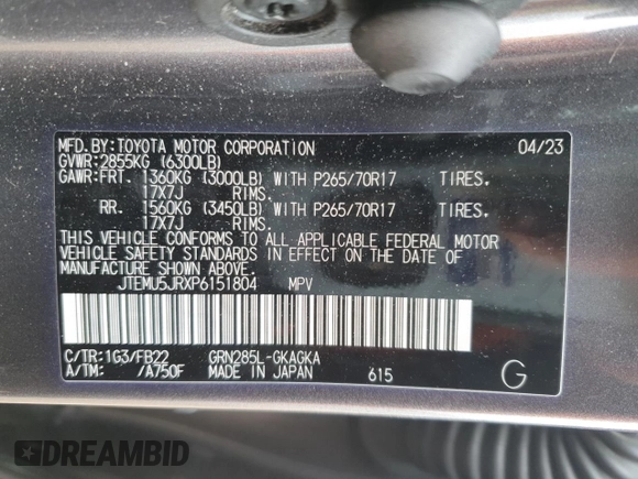 2023 Toyota 4Runner SR5 с VIN JTEMU5JRXP6151804, выставлен на аукционе Copart как лот 53754725 с пробегом 42 106 миль миль и Списание • Salvage title. История ставок и продаж доступна на DreamBid. Изображение 13.