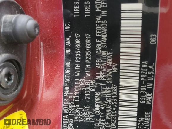 2018 Toyota Sienna LE Auto Access Seat with VIN 5TDKZ3DC4JS910687, listed as a Copart auction lot 55516745 with 67,943 mi miles and Salvage title. Bid and sale history available at DreamBid. Image 14.