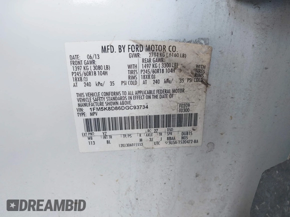 2013 Ford Explorer XLT z VIN 1FM5K8D86DGC93734, wystawiony jako IAAI lot #42414214 z przebiegiem 328 586 mil mil oraz . Historia ofert i sprzedaży dostępna na DreamBid. Obrazek 9.