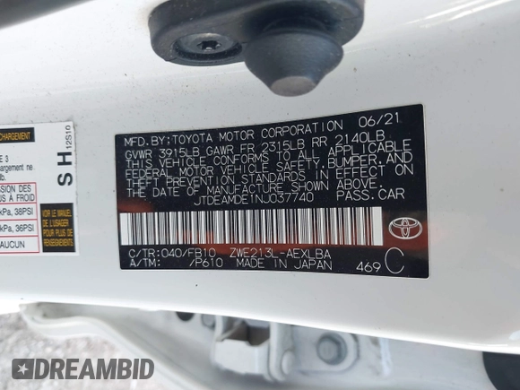 2022 Toyota Corolla Hybrid LE with VIN JTDEAMDE1NJ037740, listed as a IAAI auction lot 41482375 with 1 mi miles. Bid and sale history available at carsss.com. Image 9.