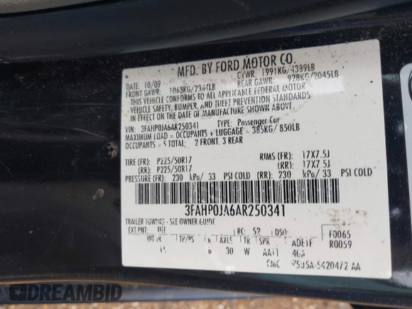 2010 Ford Fusion SEL with VIN 3FAHP0JA6AR250341, listed as a IAAI auction lot 42124234 with 224,238 mi miles and . Bid and sale history available at DreamBid. Image 9.