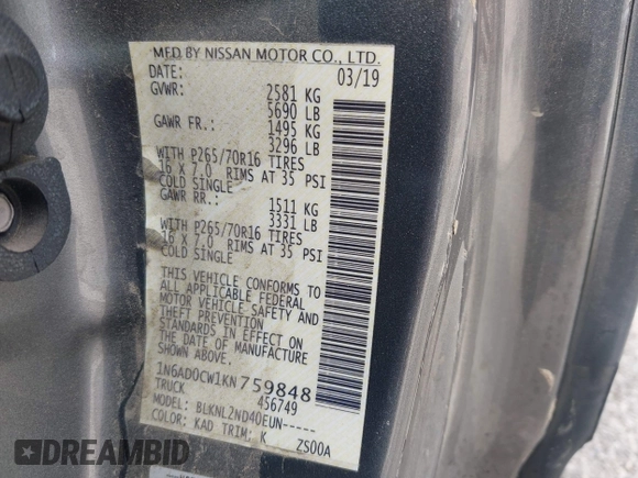 2019 Nissan Frontier SV with VIN 1N6AD0CW1KN759848, listed as a IAAI auction lot 42286241 with 112,001 mi miles and . Bid and sale history available at DreamBid. Image 9.