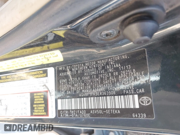 2014 Toyota Camry L with VIN 4T4BF1FK9ER363906, listed as a IAAI auction lot 41850751 with 207,368 mi miles and . Bid and sale history available at DreamBid. Image 9.