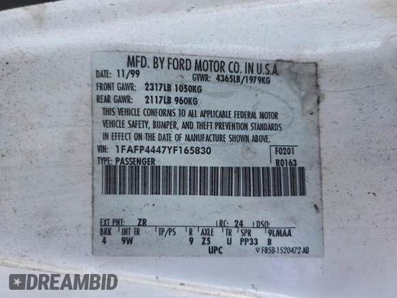 2000 Ford Mustang with VIN 1FAFP4447YF165830, listed as a Copart auction lot 48740405 with 217,792 mi miles and Salvage Title. Bid and sale history available at carsss.com. Image 12.