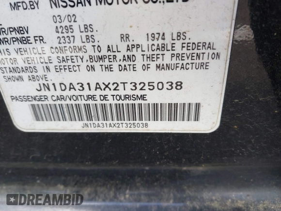 2002 Nissan Maxima GLE с VIN JN1DA31AX2T325038, выставлен на аукционе IAAI как лот 42250279 с пробегом 169 555 миль миль и . История ставок и продаж доступна на DreamBid. Изображение 9.