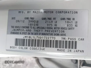 2013 Mazda 3 i Touring with VIN JM1BL1L7XD1722770, listed as a IAAI auction lot 42139943 with 102,562 mi miles and . Bid and sale history available at carsss.com. Image 9.