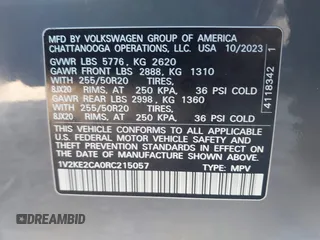 2024 Volkswagen Atlas SE with VIN 1V2KE2CA0RC215057, listed as a IAAI auction lot 41340342 with 21,440 mi miles and . Bid and sale history available at DreamBid. Image 9.