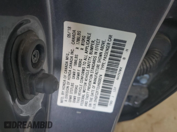 2018 Honda Civic EX с VIN 2HGFC2F73JH600074, выставлен на аукционе Copart как лот 57061815 с пробегом 47 971 миль миль и Списание • Salvage title. История ставок и продаж доступна на DreamBid. Изображение 12.