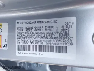 2019 Honda Accord Sedan EX 1.5T with VIN 1HGCV1F43KA165263, listed as a IAAI auction lot 41137329 with 35,159 mi miles. Bid and sale history available at carsss.com. Image 9.