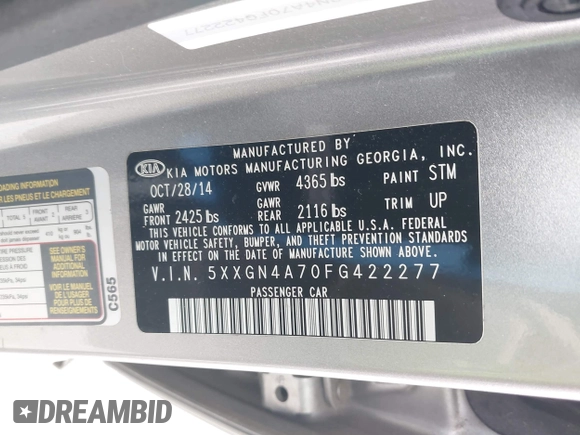 2015 Kia Optima EX with VIN 5XXGN4A70FG422277, listed as a IAAI auction lot 41932887 with 150,386 mi miles. Bid and sale history available at carsss.com. Image 9.