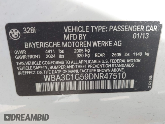 2013 BMW 3 Series 328i with VIN WBA3C1G59DNR47510, listed as a IAAI auction lot 41864290 with 160,585 mi miles. Bid and sale history available at carsss.com. Image 9.