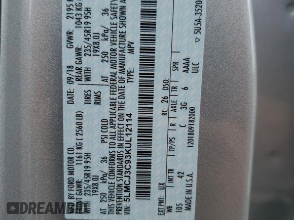 2019 Lincoln MKC Reserve with VIN 5LMCJ3C93KUL12114, listed as a Copart auction lot 54557665 with 7,633 mi miles and Salvage title. Bid and sale history available at DreamBid. Image 13.