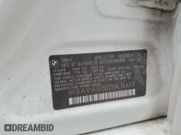 2007 BMW 3 Series 328i with VIN WBAVA37577NL15653, listed as a Copart auction lot 58705125 with 189,255 mi miles and Salvage title. Bid and sale history available at DreamBid. Image 12.