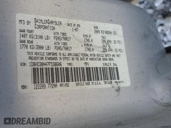 2007 Dodge Durango SXT with VIN 1D8HD38N47F538606, listed as a Copart auction lot 71627894 with Not provided miles and Salvage title. Bid and sale history available at DreamBid. Image 13.