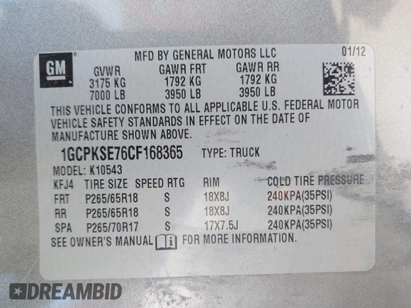 2012 Chevrolet Silverado 1500 LT with VIN 1GCPKSE76CF168365, listed as a IAAI auction lot 41814255 with 288,900 mi miles and . Bid and sale history available at DreamBid. Image 9.
