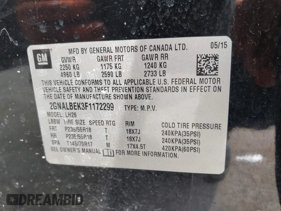 2015 Chevrolet Equinox LT with VIN 2GNALBEK3F1172299, listed as a IAAI auction lot 42149038 with 130,756 mi miles. Bid and sale history available at carsss.com. Image 9.