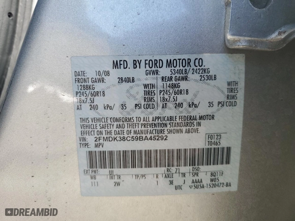 2009 Ford Edge SEL with VIN 2FMDK38C59BA45292, listed as a Copart auction lot 48508985 with 117,256 mi miles and Salvage Title. Bid and sale history available at carsss.com. Image 13.