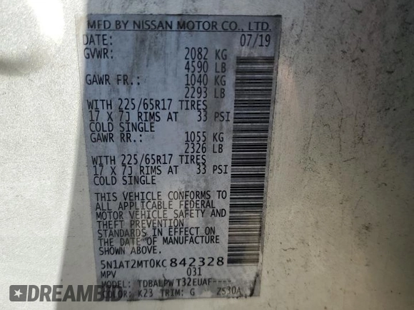 2019 Nissan Rogue SV with VIN 5N1AT2MT0KC842328, listed as a Copart auction lot 52684655 with 164,986 mi miles and Salvage Title. Bid and sale history available at DreamBid. Image 14.