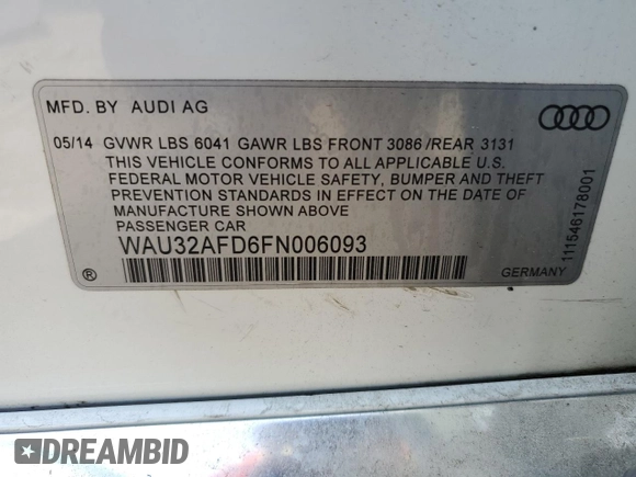 2015 Audi A8 4.0T with VIN WAU32AFD6FN006093, listed as a Copart auction lot 55259555 with 100,838 mi miles and Salvage title. Bid and sale history available at DreamBid. Image 12.
