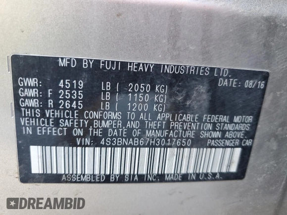 2017 Subaru Legacy with VIN 4S3BNAB67H3017650, listed as a Copart auction lot 80003404 with 58,149 mi miles and Salvage title. Bid and sale history available at DreamBid. Image 13.
