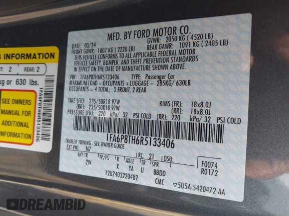 2024 Ford Mustang EcoBoost with VIN 1FA6P8TH6R5133406, listed as a IAAI auction lot 41803789 with 11,498 mi miles and . Bid and sale history available at DreamBid. Image 9.