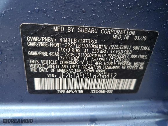 2020 Subaru Crosstrek Premium with VIN JF2GTAEC5LH266412, listed as a Copart auction lot 43369415 with 159,008 mi miles and Salvage Title. Bid and sale history available at carsss.com. Image 15.