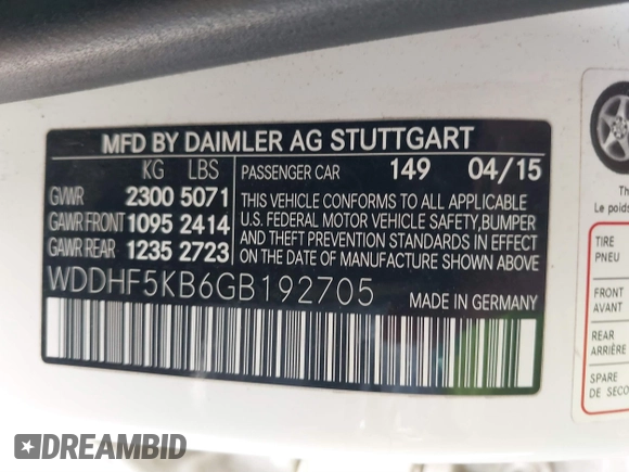 2016 Mercedes-Benz E 350 Sport with VIN WDDHF5KB6GB192705, listed as a IAAI auction lot 41688038 with 138,861 mi miles and . Bid and sale history available at DreamBid. Image 9.
